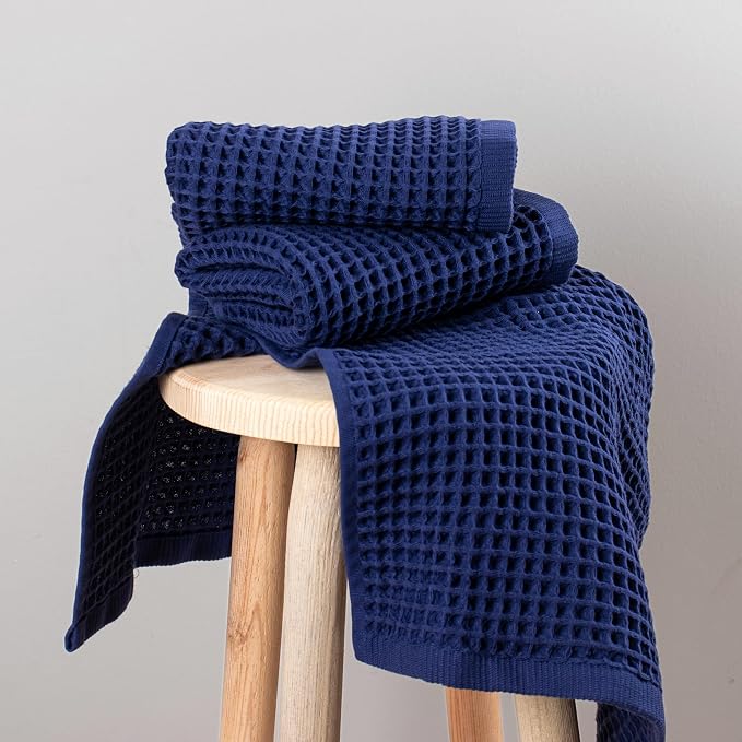 PÜSKÜL Organic Waffle Kitchen Towel 100% Turkish Cotton Set of 3 Navy Blue - Image 8
