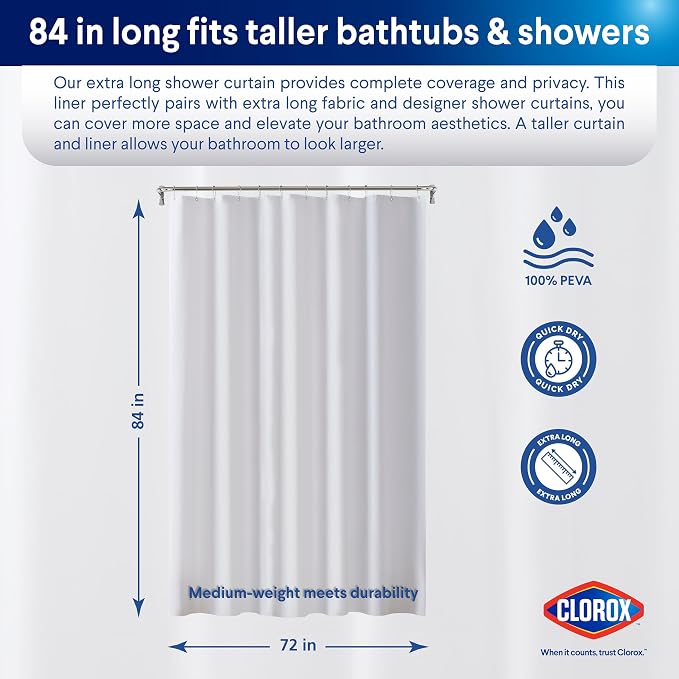 CLOROX Shower Curtain Liner, Premium Medium-Weight Durable Waterproof 6g PEVA - Image 2