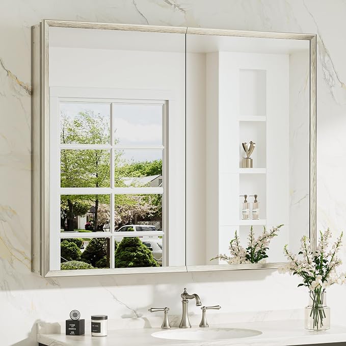 TokeShimi 40 x 32 Bathroom Mirror Cabinet, Assembly Required, Nickel Recessed by RefinedBathroomAccessories