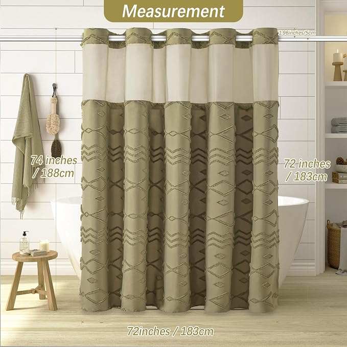 No Hooks Shower Curtain with Snap-in Liner, Taupe Boho Fabric Tufted Chevron - Image 6