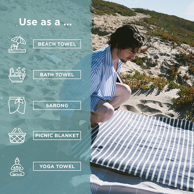 Large Turkish Beach Towel, Striped Navy & Natural - Image 3