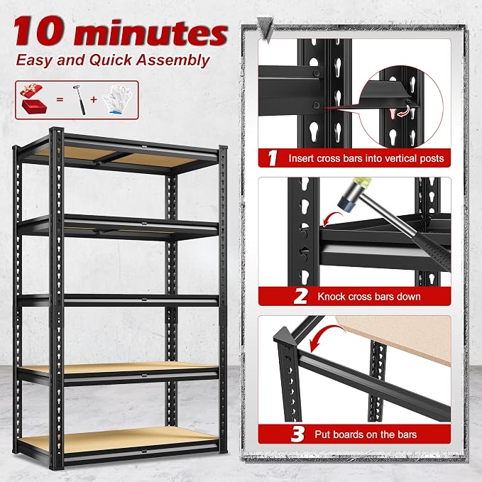 REIBII Storage Shelves 5 Tier Adjustable Garage Shelving Heavy Duty Metal - Image 9