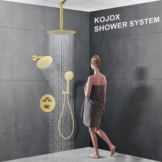 KOJOX Brushed Gold Thermostatic Shower System, Push Button Diverter Shower - Image 7