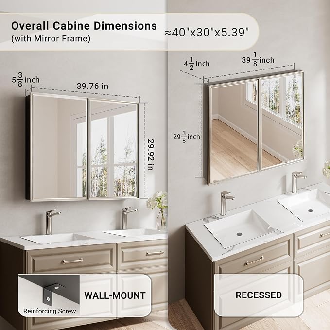 Pre-Assembled Surface or Recessed Medicine Cabinet Mirror-40x30 Brushed Nickel - Image 2