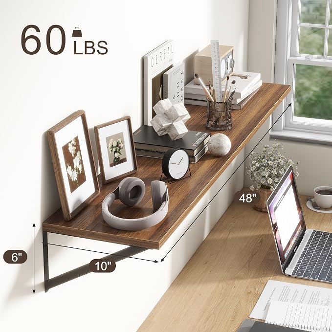 Floating Shelves 48 Inch Long, Walnut Wall Shelves 48 x 10, Wide Large Display - Image 3