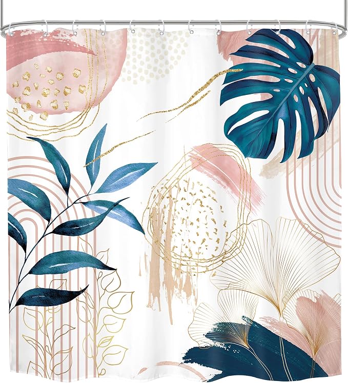 Pink Blue Boho Shower Curtain Modern Abstract Tropical Palm Leaves Bohemian - Image 7
