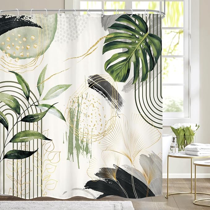 Grey Green Boho Shower Curtain 72Wx72H Abstract Tropical Palm Leaves Modern by MitpokBrand