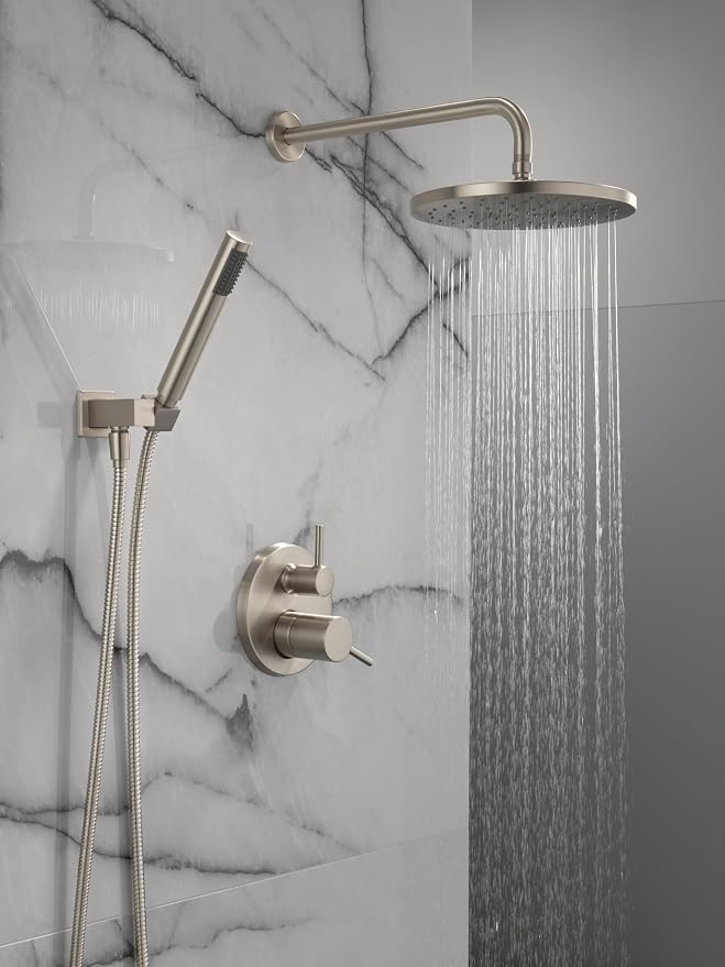 Delta Modern 14 Series Round Rain Shower System Faucet Set, Rainfall Brushed - Image 2