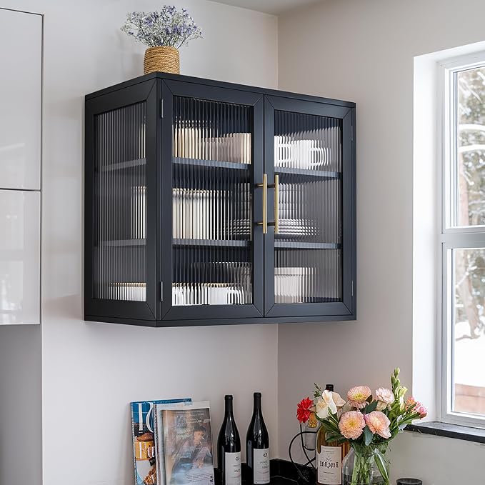 Black Glass Display Wall Storage Cabinet, Wall-Mounted Bathroom Cabinet - Image 6