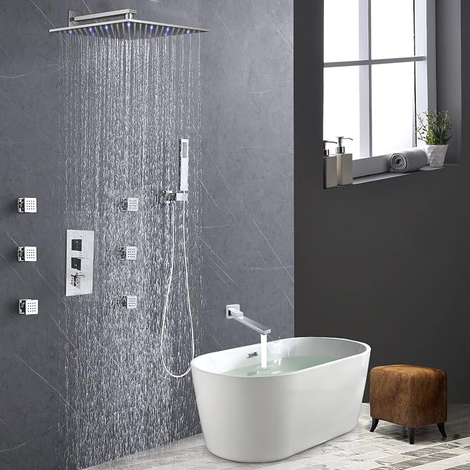 Brushed Nickel 4 Way Full Body Thermostatic Shower Faucet System 12 Inch Luxury - Image 2