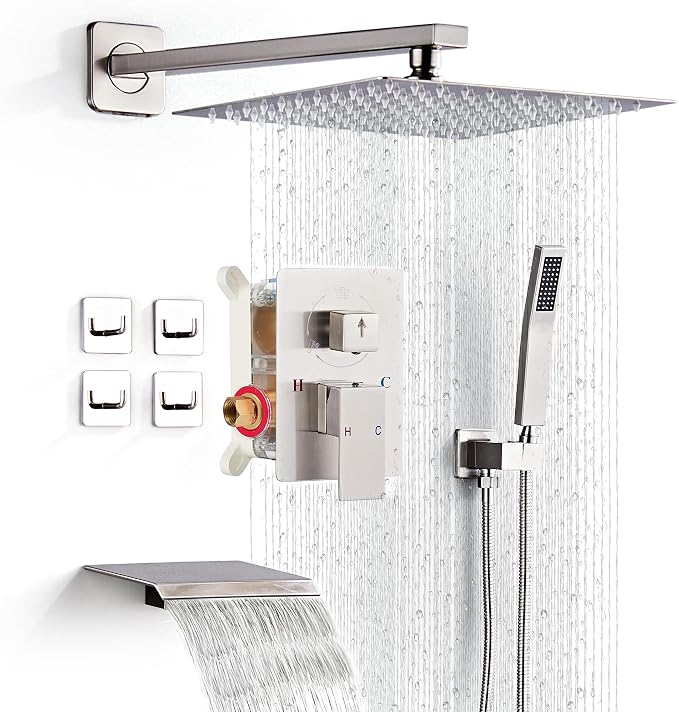 Shower Faucet Set with Tub Spout, Brushed Nickel Rainfall Shower System by LCEVCGK