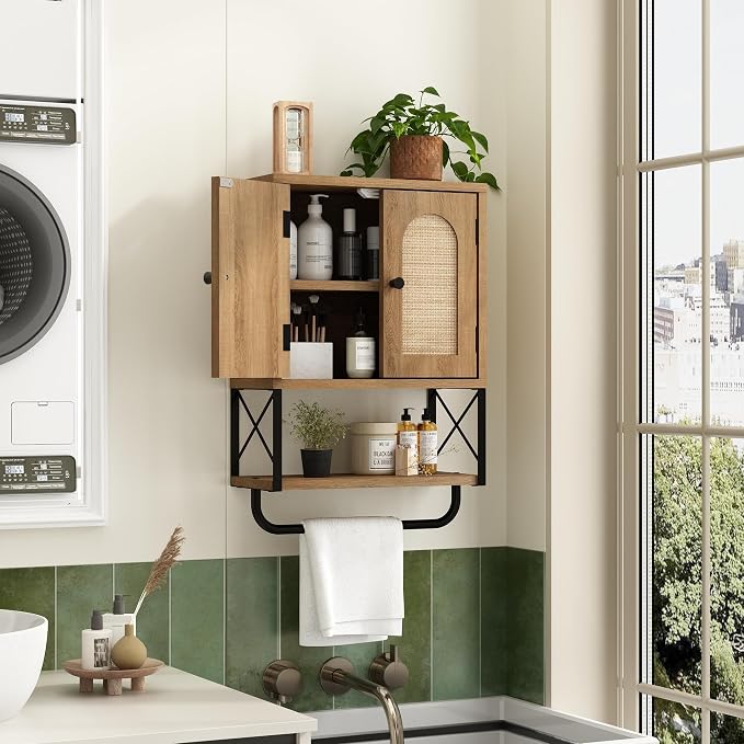 RUSTOWN Rattan Bathroom Wall Cabinet, Boho Over The Toilet Storage Cabinet - Image 3