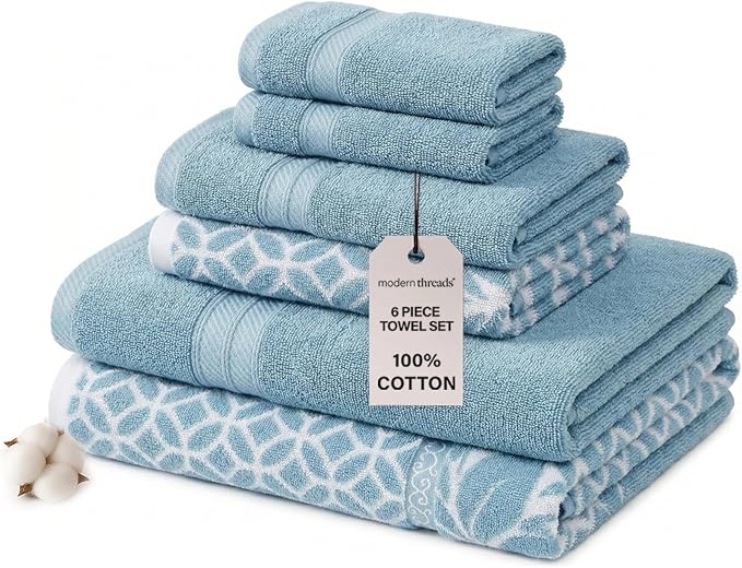 Modern Threads Trefoil Filigree 6-Piece 100% Cotton Towel Set – Reversible Yarn by ModernThreads