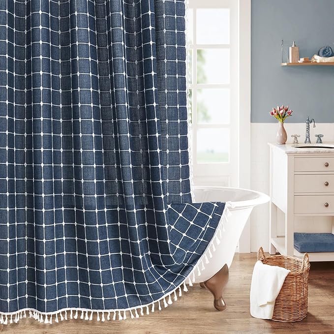 MitoVilla Navy Blue Boho Shower Curtains by MitoVilla