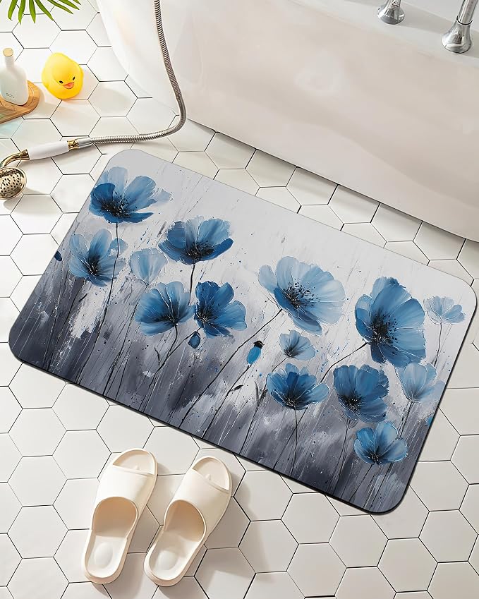 Elightvap Vintage Blue Flower Bathroom Rugs Mat Non Slip Absorbent Quick Dry by Elightvap