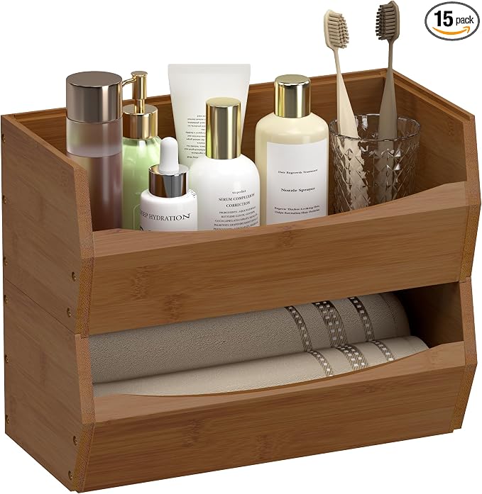 2 Set Open Front Stackable Storage Bins, Bamboo Stacking Storage Bins Food by Bamdibola