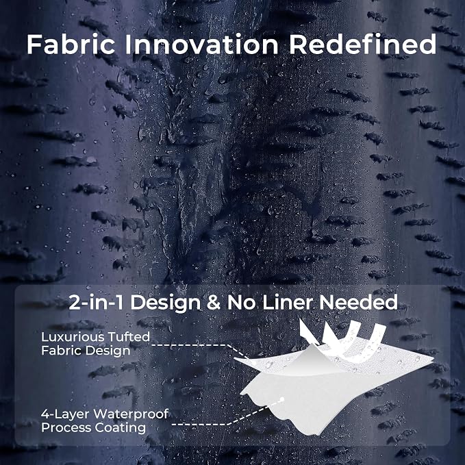 Navy Blue Fabric Shower Curtain Boho Tufted Chevron Striped Textured Cloth - Image 2