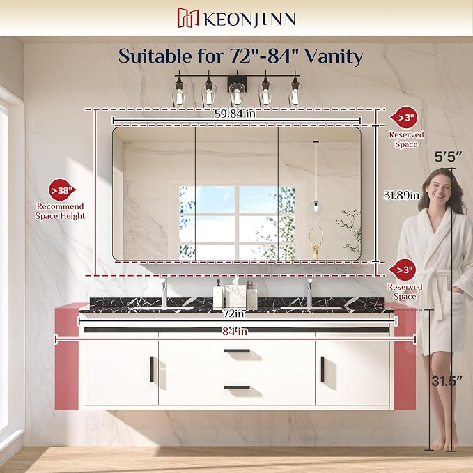 Keonjinn 60 x 32 Inch Large Chrome Medicine Cabinets, Recessed Bathroom - Image 3