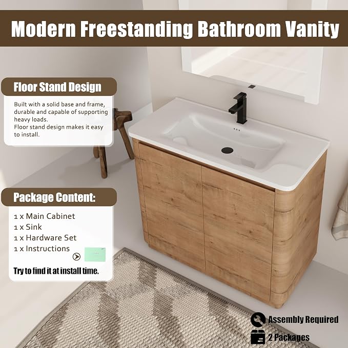 40 Inch Bathroom Vanity with Sink, Premium Plywood Wooden Cabinet with Soft - Image 4