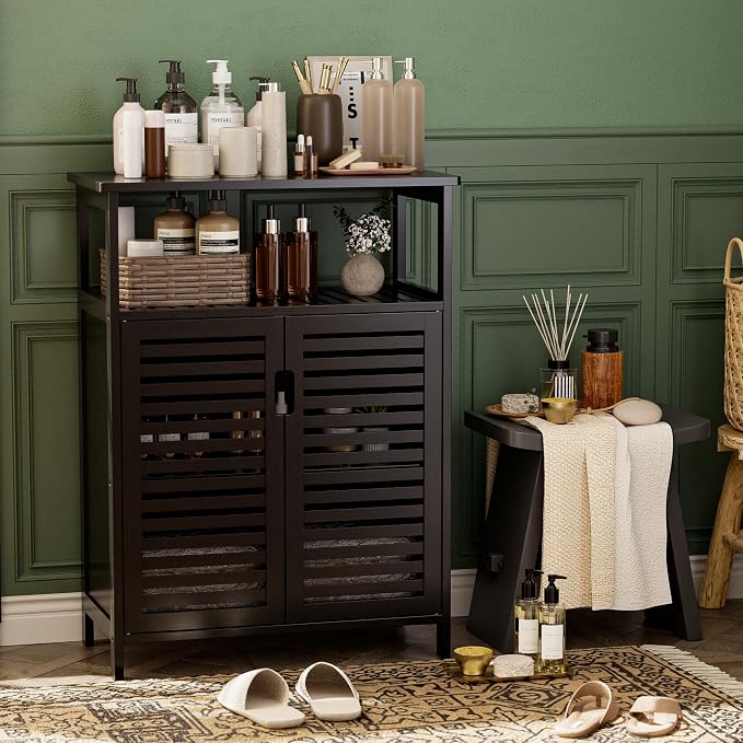 HITNET Black Bathroom Storage Cabinet, Freestanding Bamboo Floor Cabinet 4 Tier - Image 2