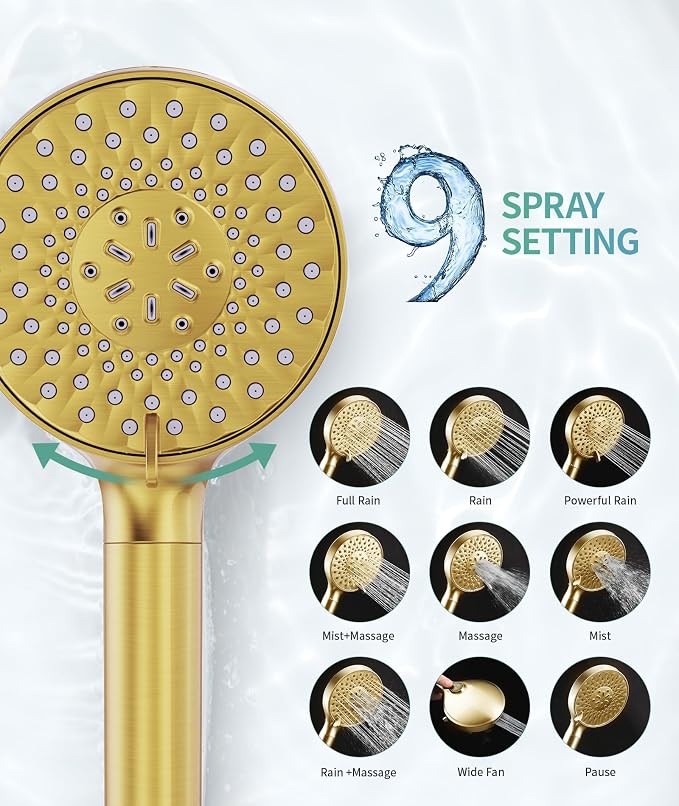 Filtered Shower Head with Handheld, High Pressure 9 Spray Mode Brushed Gold - Image 4