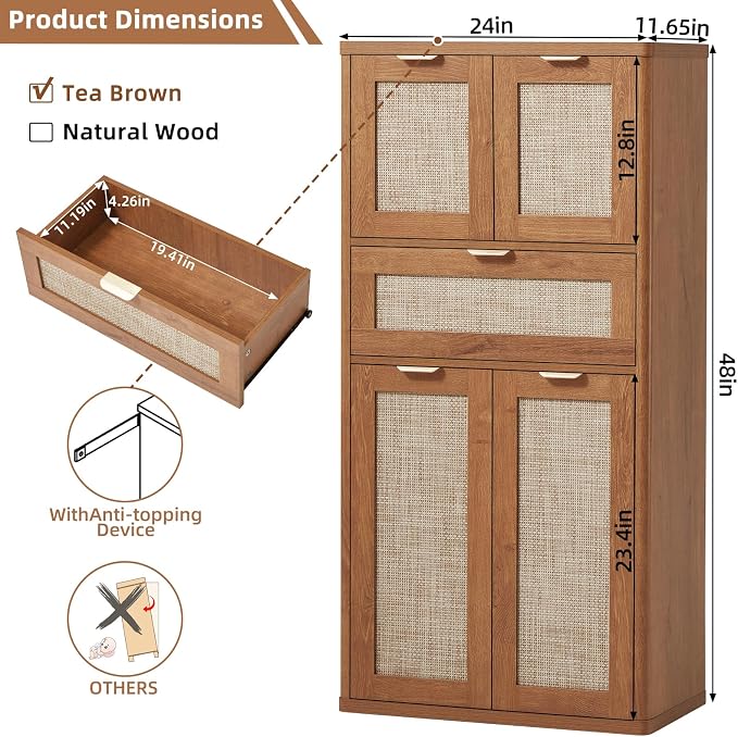 LEYAOYAO 48" Tall Storage Cabinet Set of 2, Rattan Bathroom Floor Cabinets - Image 2