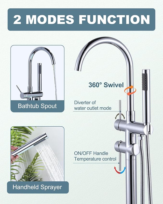 Freestanding Tub Filler Faucet Chrome: High Flow Brass Floor Mount Bathtub - Image 2