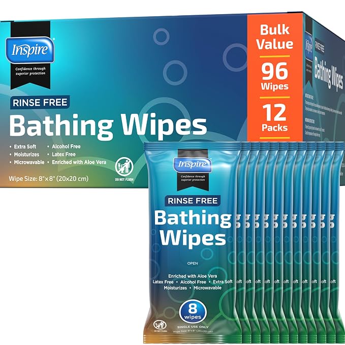 Body Wipes for adults bathing no rinse | Adult Wash Cloths Extra Large by Inspire