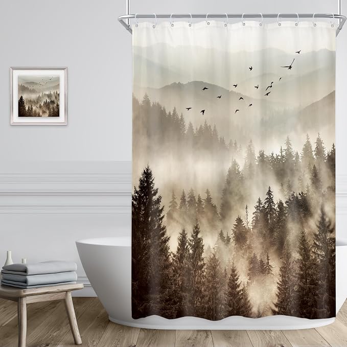 Riyidecor Foggy Mountain Shower Curtain 48Wx72H Inch RV Narrow Nature Scenery - Image 3