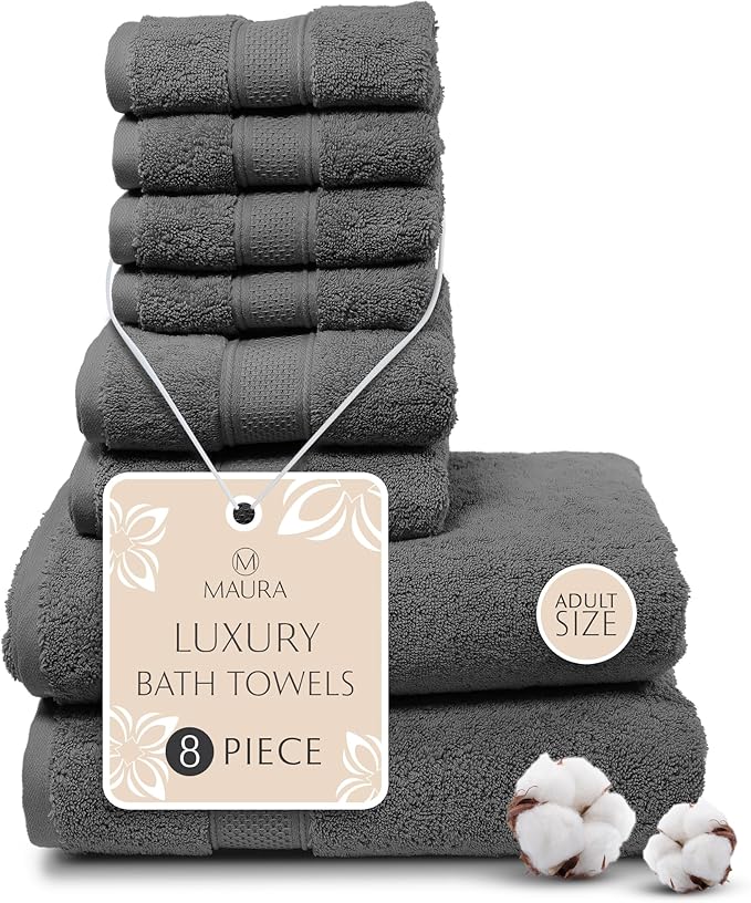 MAURA Grey Bath Towel Set of 8 for Bathroom. Turkish Cotton Luxury Bath Towels. by MAURA