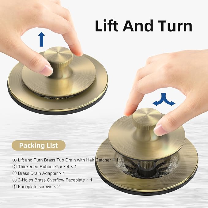 Brushed Gold Bathtub Drain, Hair Catcher and 2-Hole Overflow Faceplate - Image 6