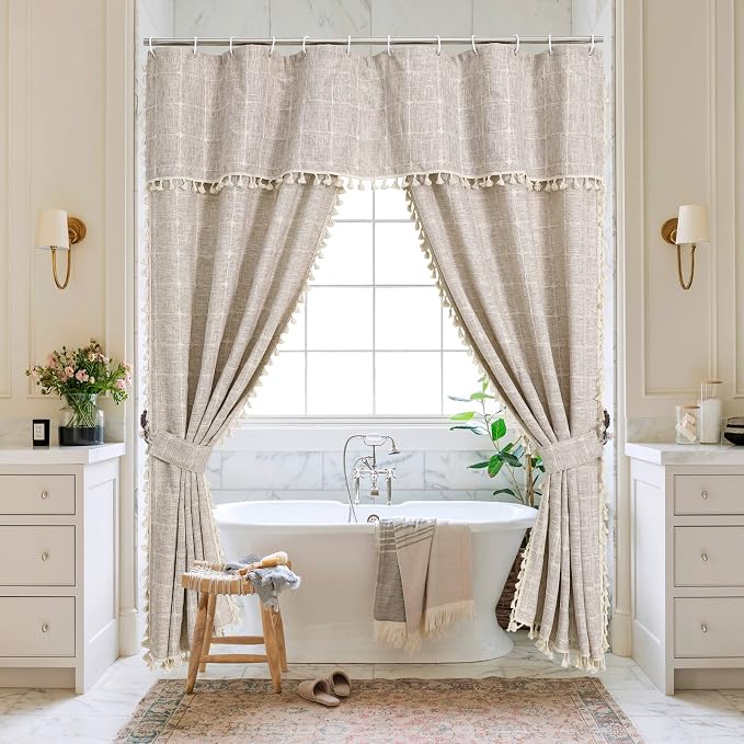 MitoVilla Tan Boho Double Swag Shower Curtain, Polyester Linen Fabric Shower by MitoVilla