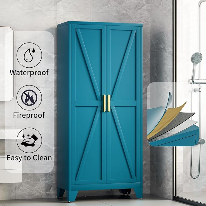61H Metal Storage Cabinet with 2 Doors and Adjustable Shelves, Farmhouse - Image 7