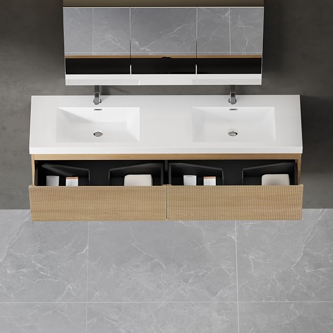 Modern 72'' Floating Bathroom Vanity Sink Combo, Wall-Mounted Striped Cabinet - Image 8