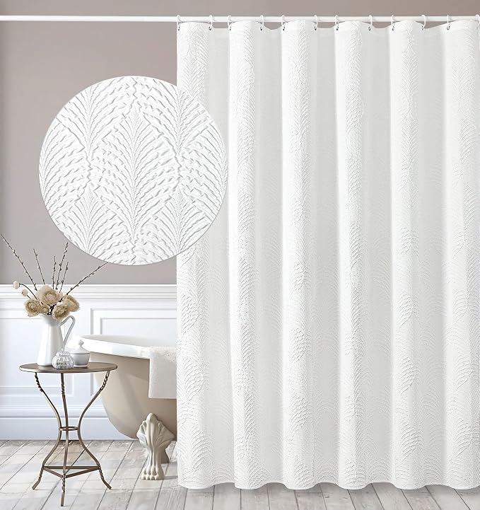 Gibelle White Shower Curtain for Bathroom, 3D Embossed Textured Fabric Curtain by Gibelle