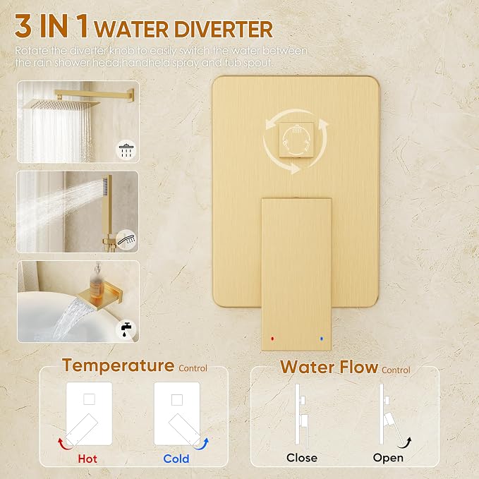 Gold Shower System with Tub Spout, All Metal Tub Shower Faucet Set with 10" - Image 8