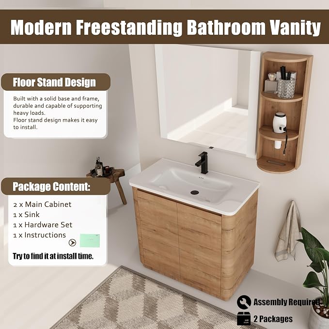 36 Inch Bathroom Vanity with Sink, Wooden Bathroom Cabinet with Soft Close Doors - Image 4