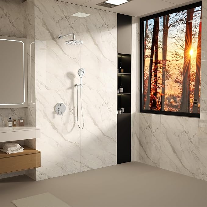 Polished Chrome Shower Faucet Set, Wall Mount Rain Shower System 10 Inches - Image 8