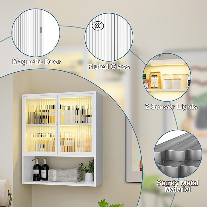 Metal Wall Cabinet with Glass Doors & LED Lights, Small Wall Mounted Medicine - Image 4
