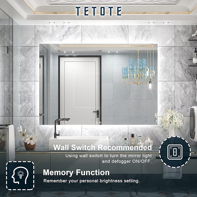 TETOTE 48 x 36 Inch LED Backlit Bathroom Mirror - Image 6