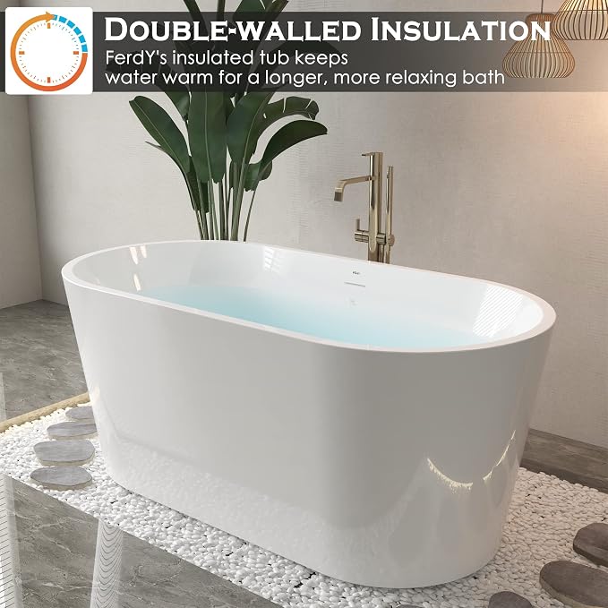 FerdY Luzon 55" Acrylic Freestanding Bathtub, Ergonomic Lightweight Classic - Image 2