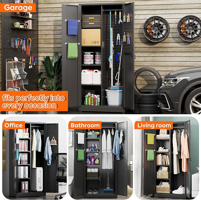 Aobabo Broom Closet Storage Cabinet, Lockable Garage Storage Cabinet - Image 6