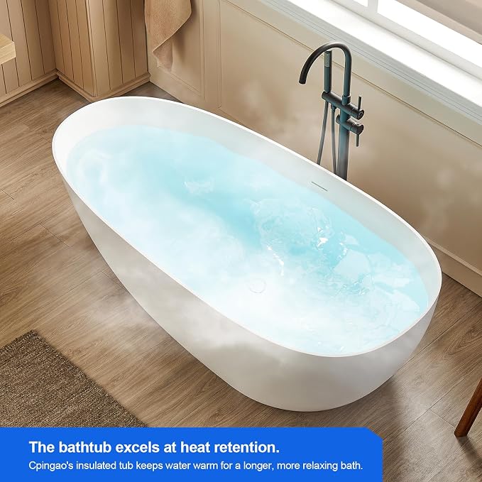 Cpingao 59" Freestanding Matte White Stone Resin Soaking Bathtub Modern Stand - Image 5