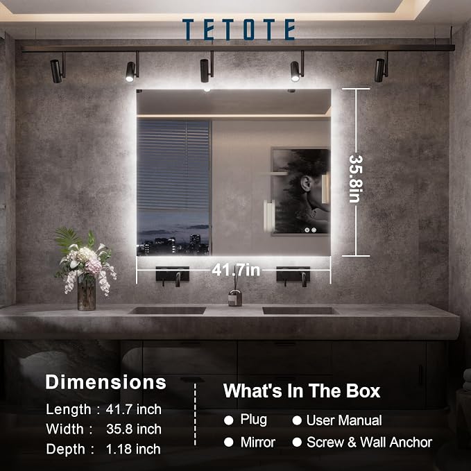 TETOTE 42 x 36 Inch LED Mirror Backlit Bathroom, Anti-Fog Mirror - Image 7