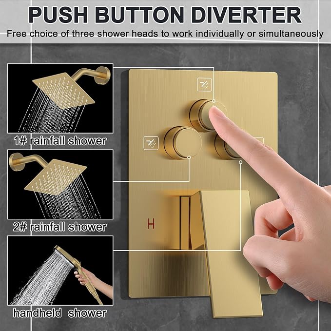 Iriber Bathtub Shower Faucet Set Brushed Gold, Push Button Diverter Shower - Image 4