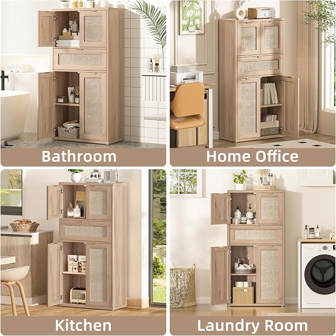 LEYAOYAO 48" Tall Storage Cabinet Set of 2, Rattan Bathroom Floor Cabinets - Image 4