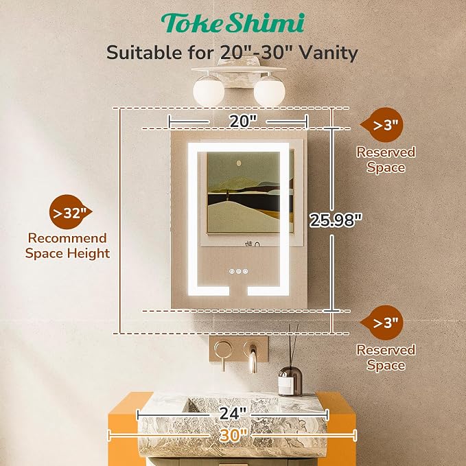 TokeShimi 20x26 Lighted Medicine Cabinet Mirrored Surface Mount 3 Color Dimmable - Image 3