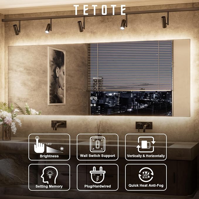 TETOTE 60 x 36 Inch LED Backlit Bathroom Mirror - Image 6