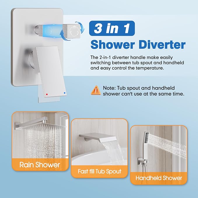 Shower System with Tub Spout, All Metal Tub Shower Faucet Set with 10'' Rain - Image 7