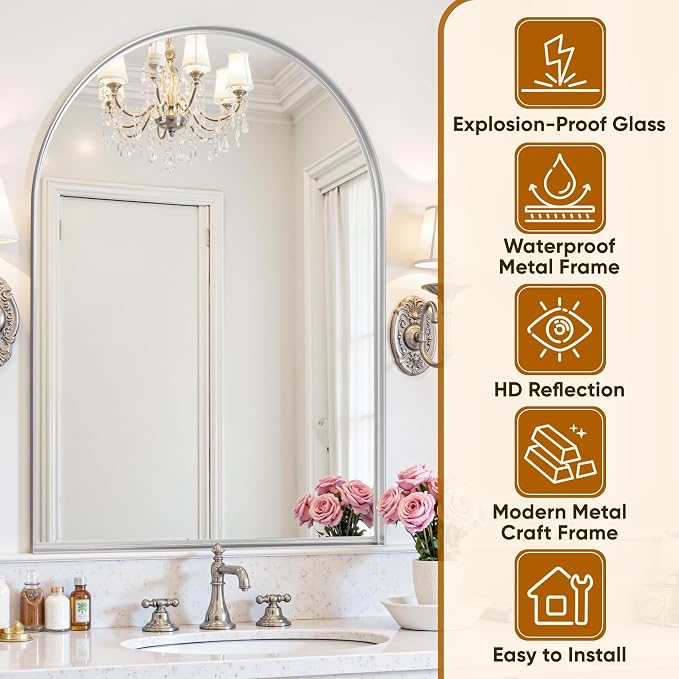 Arched Mirror 24"x36", Bathroom Mirror, Wall Mounted Vanity Mirror - Image 5
